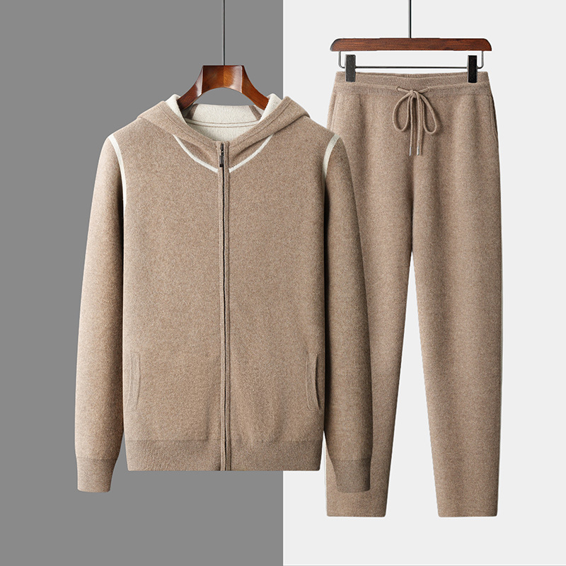 Air Layer Thickened Solid Color Cashmere Sweater Men's Hooded Loose Casual Knitted Wool Sweater Cardigan Suit Wholesale