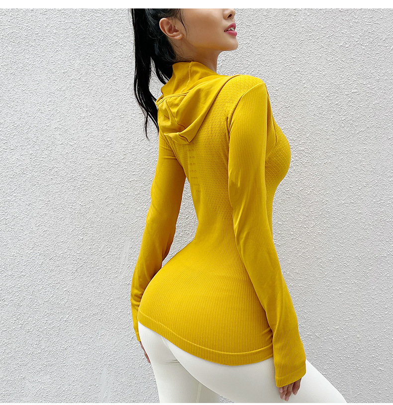 zipper solid color high-elastic hooded long sleeve slim yoga top NSYWH139361