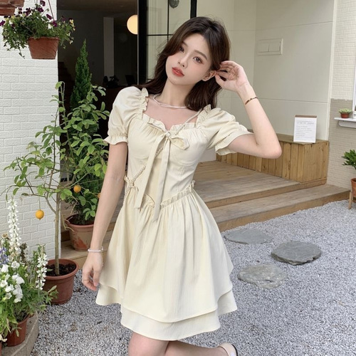 Tea Break French First Love Bow Dress Design Niche Solid Color Puff Sleeve Fairy A-Line Skirt Summer