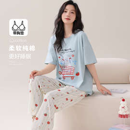 纯棉简约带胸垫睡衣女春夏季纯棉圆领短袖长裤2026新款家居服套装