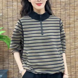 妈妈装条纹拉链立领宽松蝙蝠衫时尚女春季长袖T恤减龄百搭女卫衣