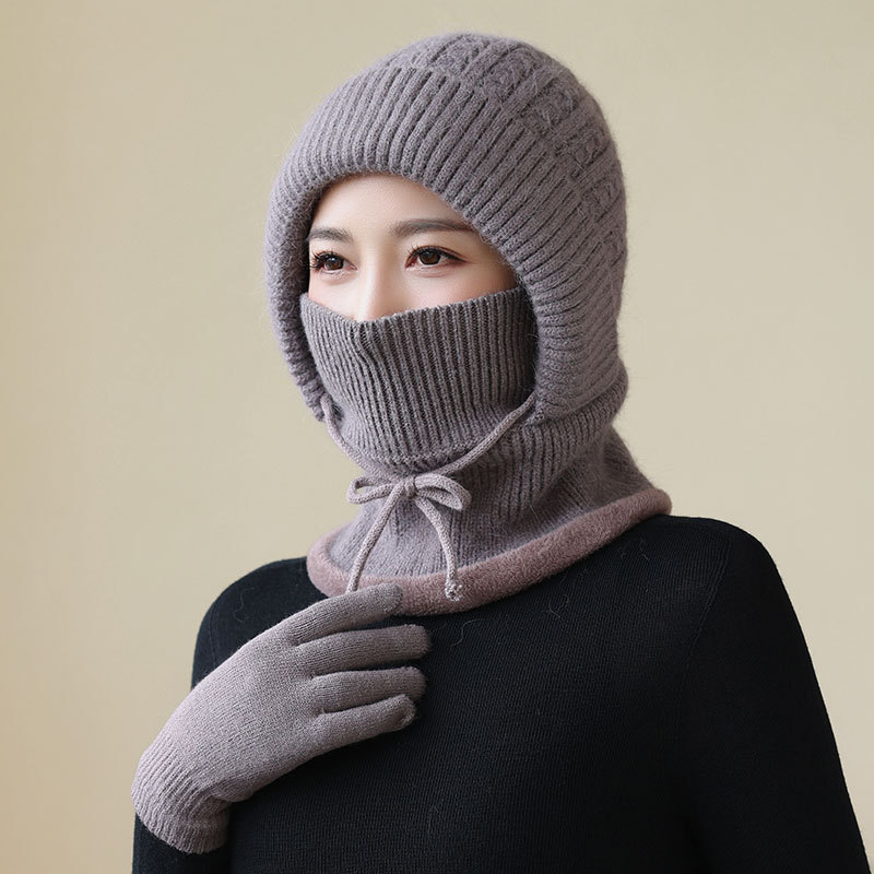 兔毛针织口罩帽子中老年人加绒保暖一体帽女妈妈冬防寒围脖连体帽|undefined