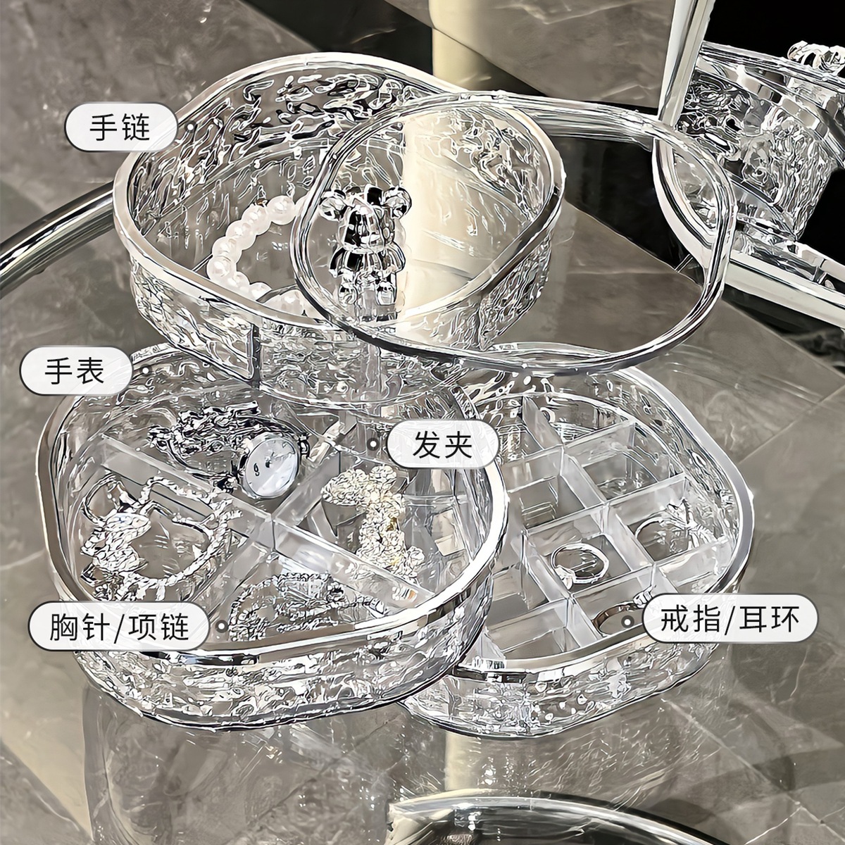 Pendientes giratorios Caja de almacenamiento de joyas Alta gama Exquisita nueva horquilla Collar de anillo de pelo Pendientes Caja a prueba de polvo Sentido avanzado