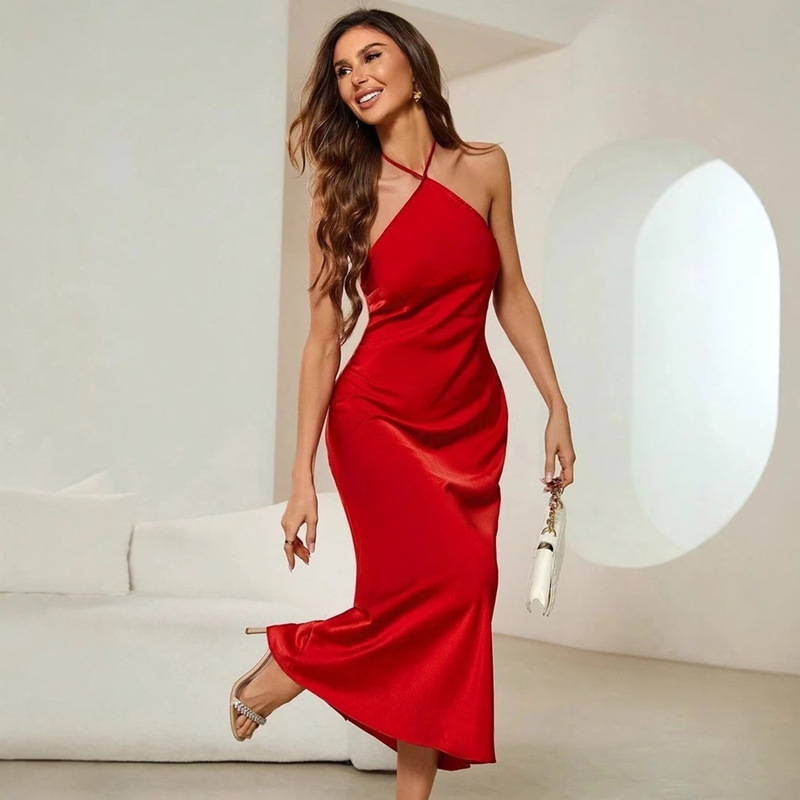 European and American Cross-Border Women's Sexy Dress Spring and Summer New Amazon Evening Dress Satin Suspender Long Skirt