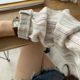 韩版复古气质彩色细条纹长袖衬衫女棉质立领宽松慵懒透气防晒上衣