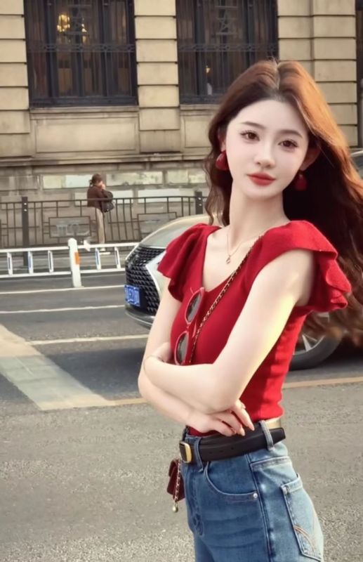 红色V领短袖针织衫正肩女夏季修身显瘦纯欲辣妹小飞袖短款上衣|undefined