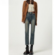 水泥灰高腰直筒牛仔裤女2025新款秋季显瘦九分法棍烟管裤