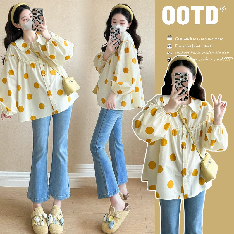Одежда для беременных Весеннее платье кукольный воротник с длинным рукавом рубашка в горошек свободная пуговля большого размера повседневная рубашка весенняя беременность прилив мама