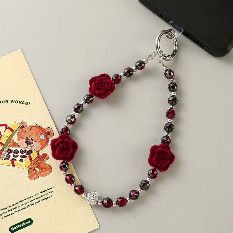 Burgundy velvet rose crystal beaded phone chain, fashionable retro niche keychain, bag pendant, ccd hanging chain Burgundy velvet rose crystal beaded phone chain, fashionable retro niche keychain, bag pendant, ccd hanging chain