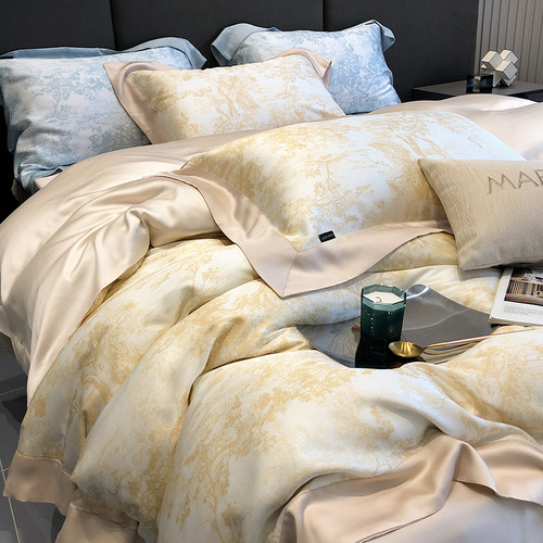 Princess Style Cherry Blossom Rain Embroidery 60 Tencel Four-piece Set for Summer Naked Sleeping Ice Silk Sheets and Quilt Covers Silky Bedding