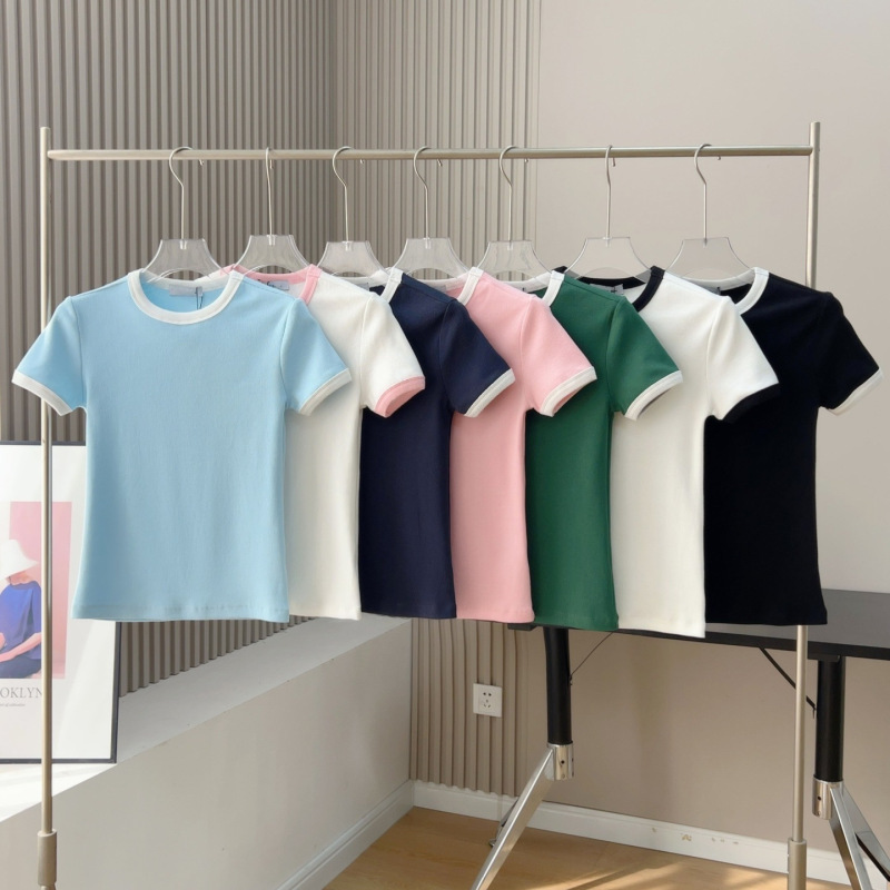Crocodile 2026 Summer New Style Color-Blocked Round Neck Short-Sleeve T-Shirt for Women, Slim Fit Versatile Ribbed Top