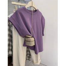紫色小飞袖正肩无袖t恤女夏季 设计感小众宽松小个子短袖体恤上衣