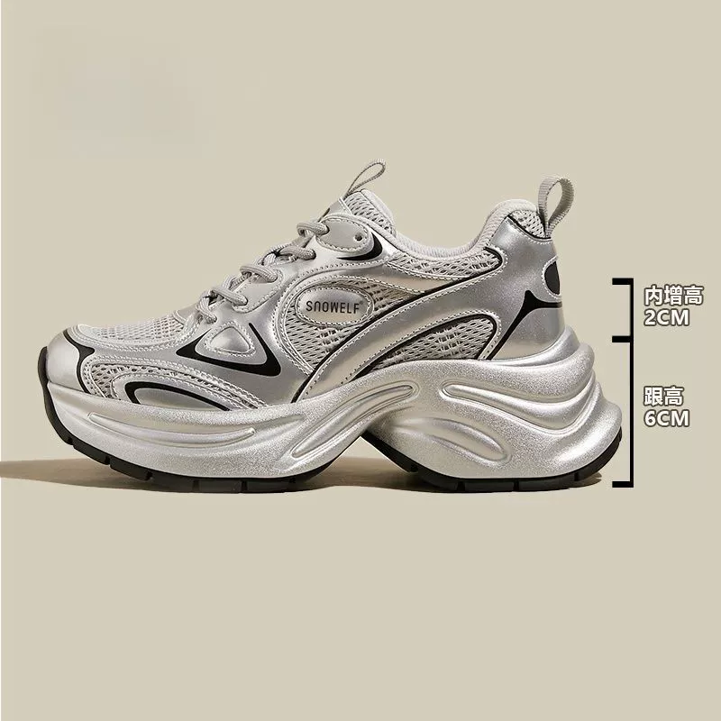 Модные женские кроссовки в стиле "dad shoes", суперпопулярные весна-осень 2025, новые, на толстой подошве, увеличивающие рост, повседневные, дышащие, серебристые.