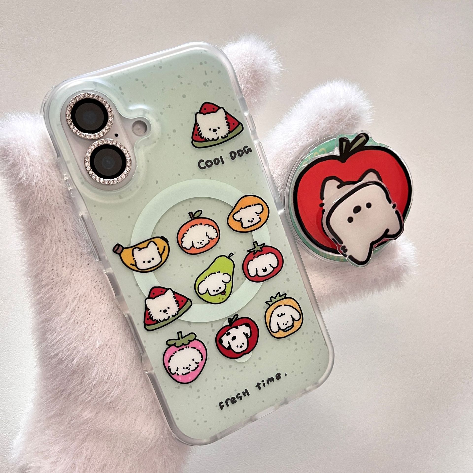 Perro de fruta FP de una sola cáscara-fondo verde con salpicaduras de tinta