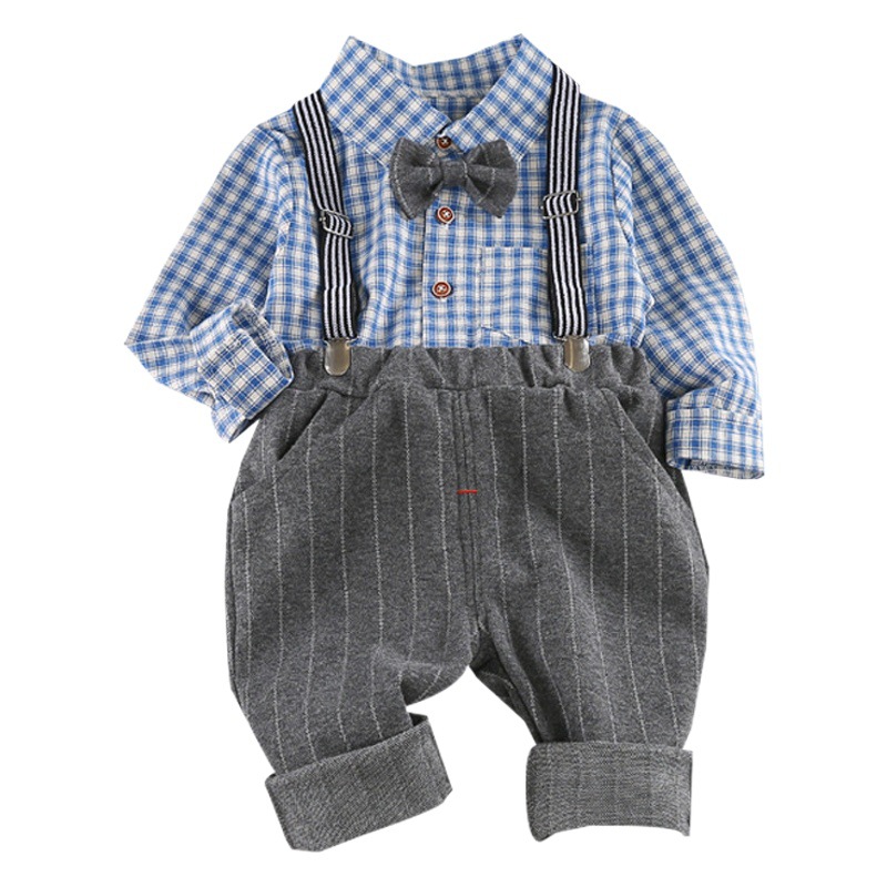 子供服の赤ちゃんの格子のネクタイのズボンの2つのセットの男の子の春の長袖の洋風のシャツのカジュアルなスーツのファッション