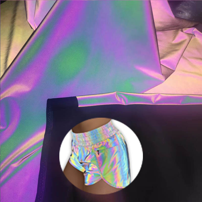 爆款七彩反光弹力布炫彩骑行夜跑短裤单面反光布料幻彩涤氨反光布