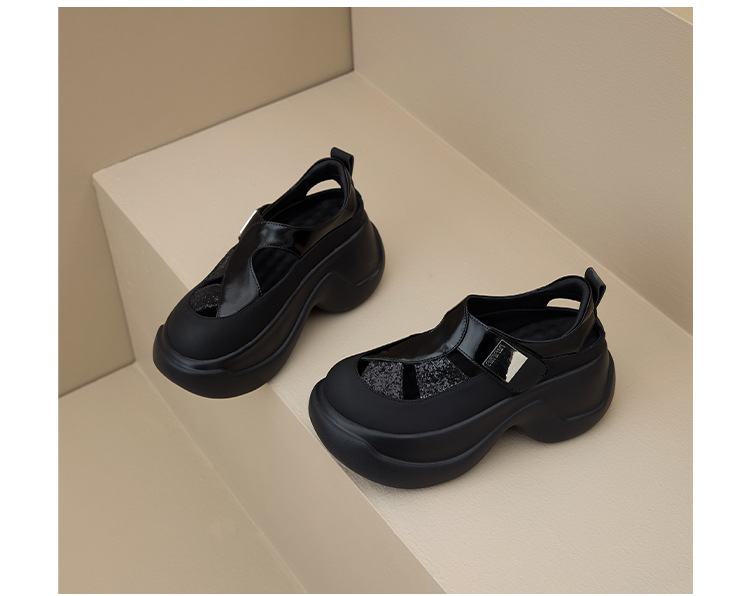 Giày sandal cao gót nữ đính sequin và đá rhinestone, đế dày độn cao, mũi bao da thật kiểu La Mã rỗng — Màu đen, Màu trắng be, Màu bạc chi tiết 24