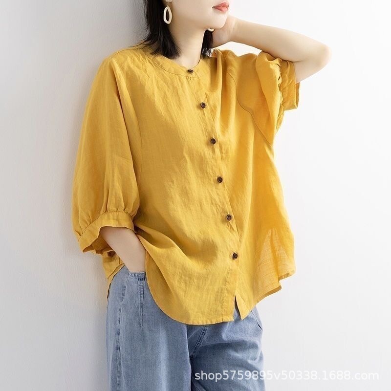 春と秋の新作コットンとリネンのシャツ、女性用ランタンスリーブ、レトロな文学トップス、女性用の大きいサイズのルーズミッドスリーブシャツ、トレンディです。|undefined