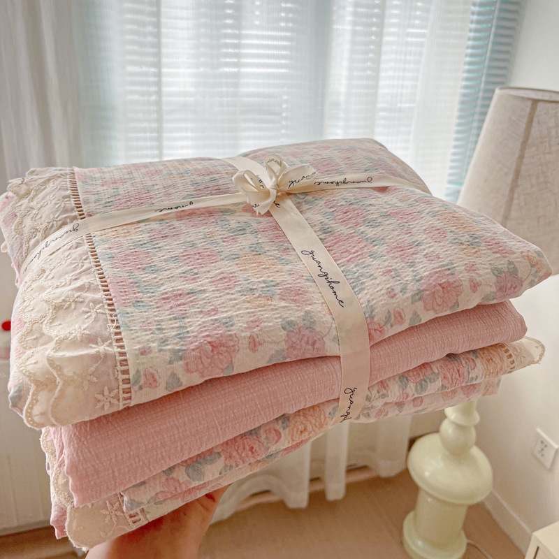 2025新款云感有氧皱皱纱四件套全棉花边款被套四件套批发四季款