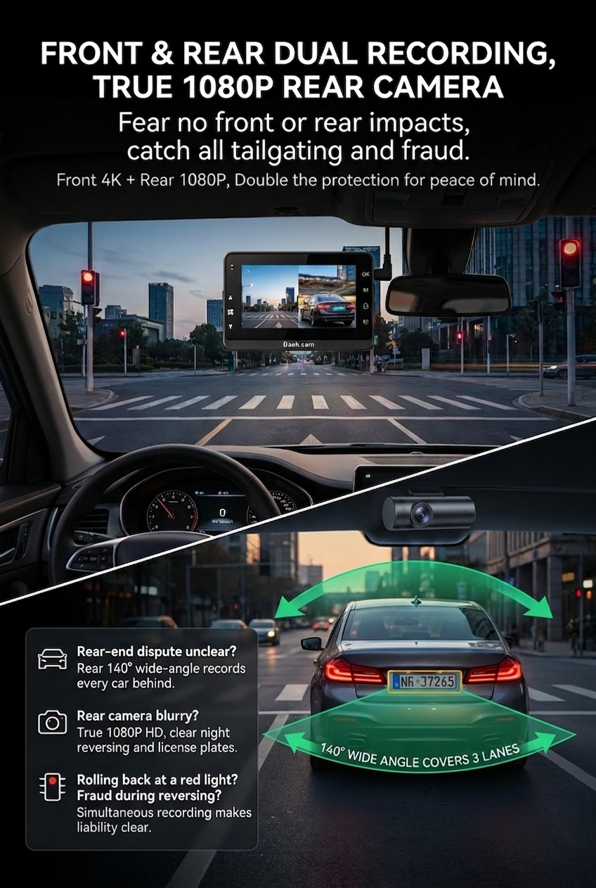 New Model of Car Dash Cam with 4K High-Definition Night Vision, Wifi Mobile Phone Connectivity, Dual Recording Front and Rear, and 24-Hour Monitoring