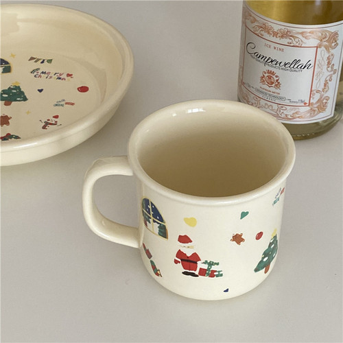 Christmas only!  Cute Cream Graffiti Christmas Ceramic Cup Dessert Plate Set Mug Christmas Decoration Gift