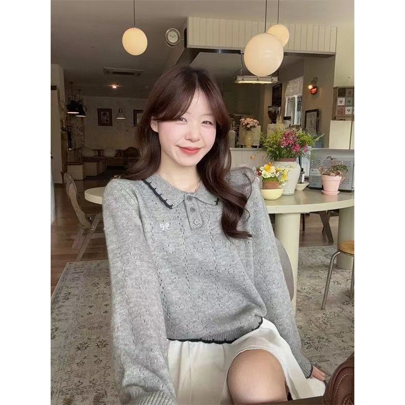 Age-Reducing Girl's Color-Blocked Lapel Bow Embroidered Pullover Wool Knitwear 2025 Autumn and Winter New Long-Sleeved Women's Top