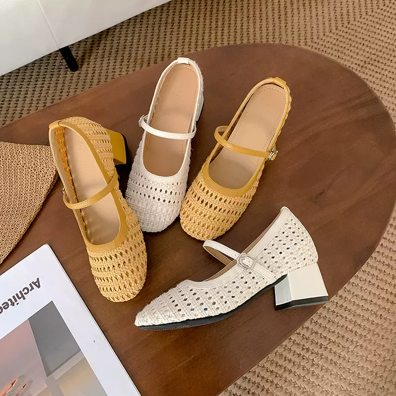 8cm内增高女夏季外穿凉鞋一字带粗跟不累脚编织镂空透气玛丽珍鞋