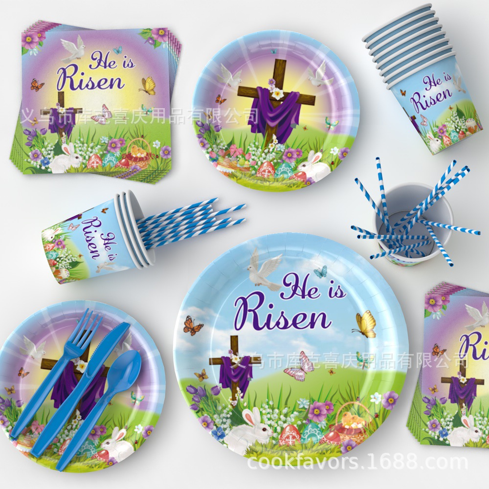 Pascua Cruz Holy Light Theme Bandeja de papel desechable Taza de papel Toallas de papel Mantel Suministros de vajilla Decoración navideña