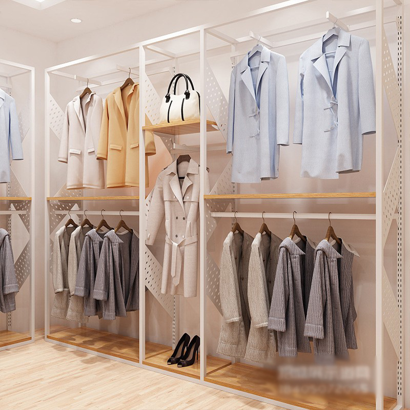 Retro tienda de ropa estante de exhibición percha de hierro de pie estante de la isla media de las mujeres tienda de ropa estante de exhibición