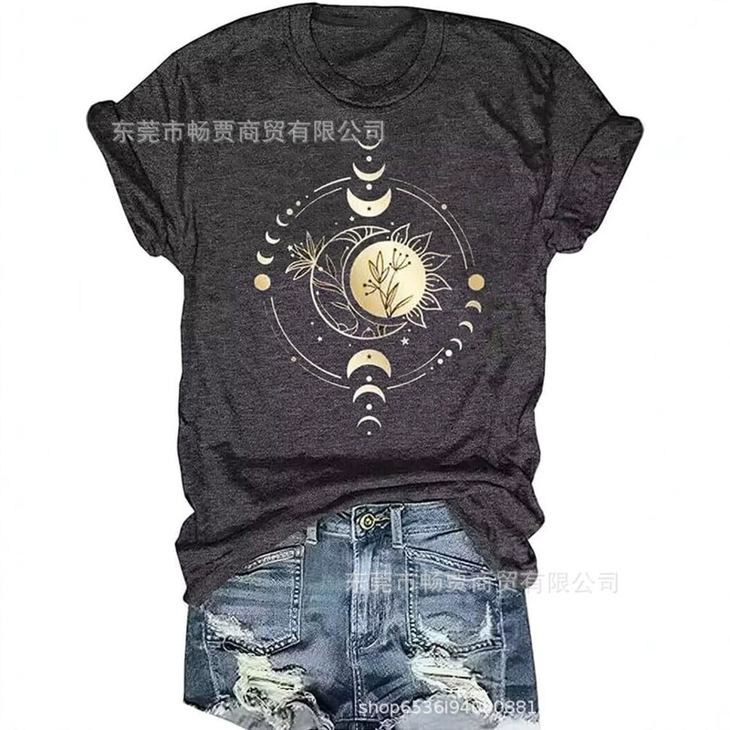 Cross-Border New Amazon Women's Round-Neck Loose Casual Short-Sleeve Versatile Printed T-Shirt, Pure Cotton Style Cross-Border New Amazon Women's Round-Neck Loose Casual Short-Sleeve Versatile Printed T-Shirt, Pure Cotton Style