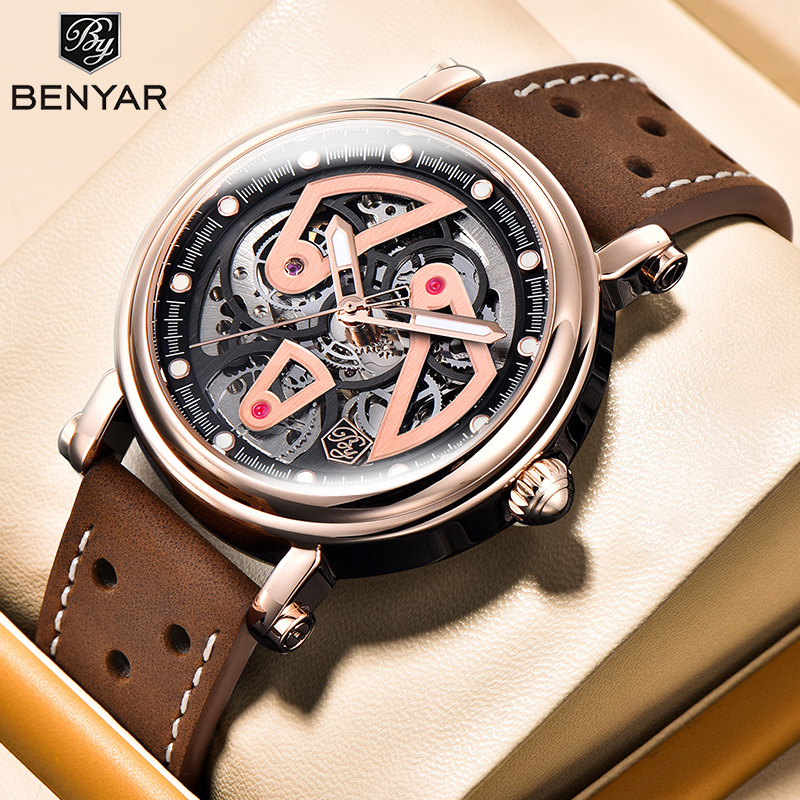 Benyar Reloj de hombre Reloj mecánico completamente automático movimiento hueco nocturno impermeable reloj de moda BY5202