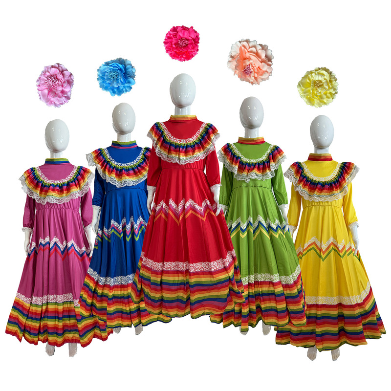 2025 New Five-Color Mexican Girl Swing Long Skirt National Dance Costume Children's Performance Game Costume