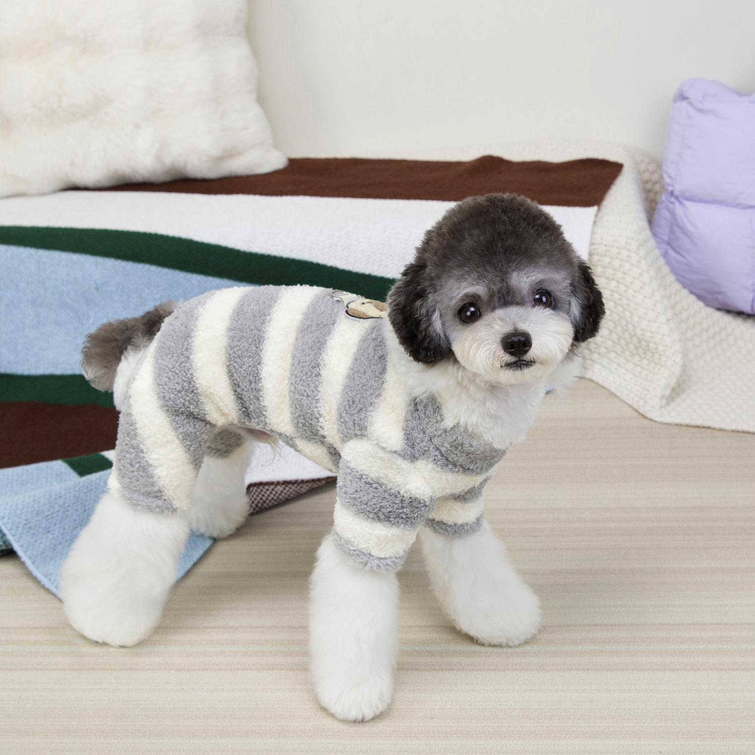 Ropa de mascotas, ropa de perro pequeño, ropa de gato, nueva fábrica de otoño y invierno al por mayor, 25 rayas de cuatro piernas de terciopelo