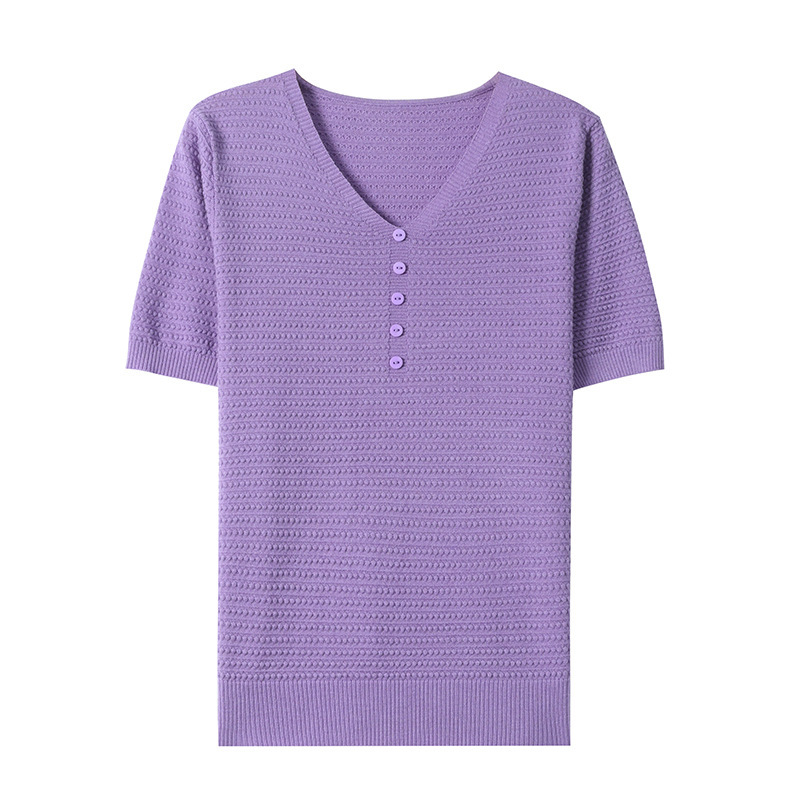 アイスシルク V ネックセーター半袖 T シャツ中年母親のためのファッショナブルな夏服 2025 新しい夏の薄いトップ|undefined