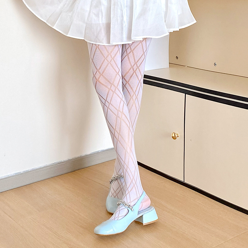Medias de tela escocesa en forma de diamante blanco pantimedias de seda negra delgada para mujer Lolita pure deseo estilo pantyhose pierna-formando bottoming fishnet calcetines