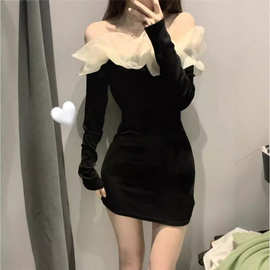 2024纯欲网纱拼接一字肩连衣裙女秋生日小礼裙气质收腰包臀裙子