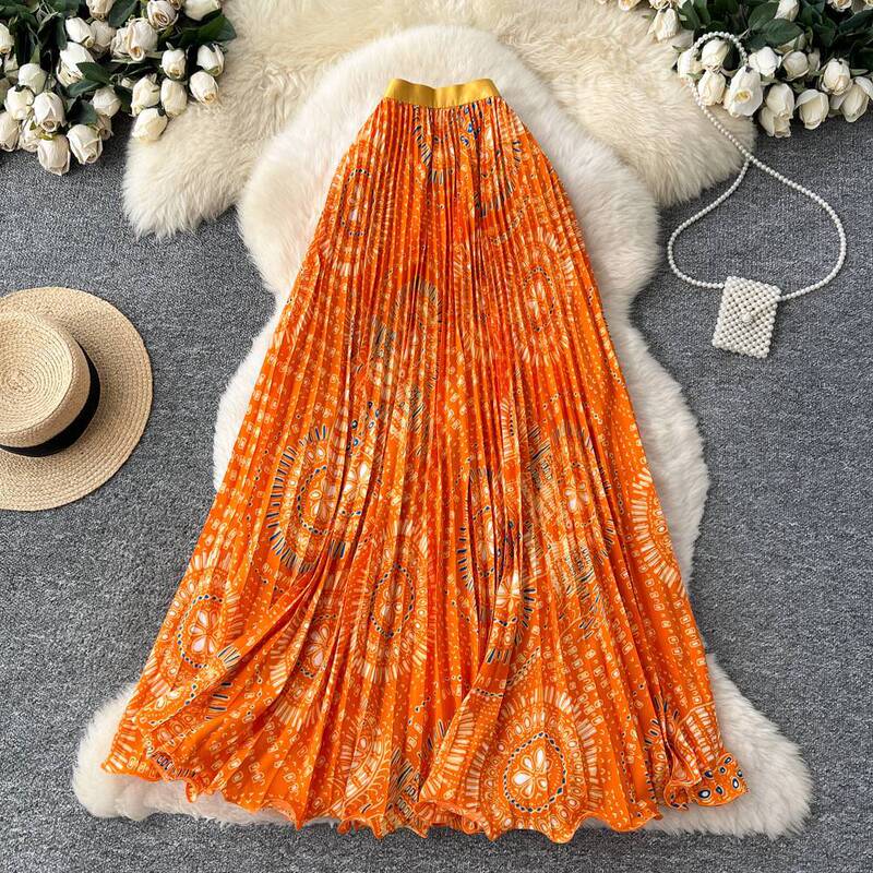 Sunflower print pleated skirt, high-waisted slimming midi skirt for women, holiday style, unique design, large hem, suitable for commuting Sunflower print pleated skirt, high-waisted slimming midi skirt for women, holiday style, unique design, large hem, suitable for commuting