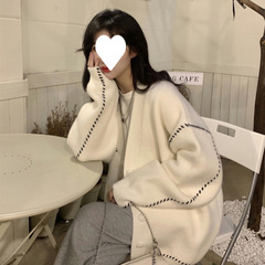 日韩外贸穿绳百搭针织开衫秋冬新款时尚休闲宽松慵懒风毛衣外套女