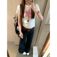 美式复古晕染星星印花白色正肩短袖T恤女夏季修身显瘦掐腰短上衣