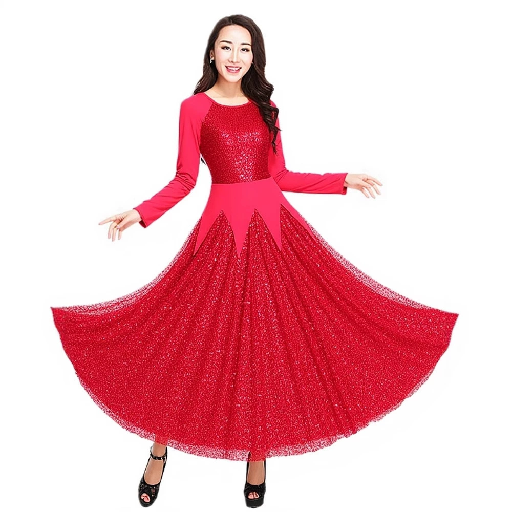 Платье с юбкой для современного танца, юбка с большим подолом, одежда для выступлений с длинными рукавами, одежда для выступлений в бальных танцах, современный танец