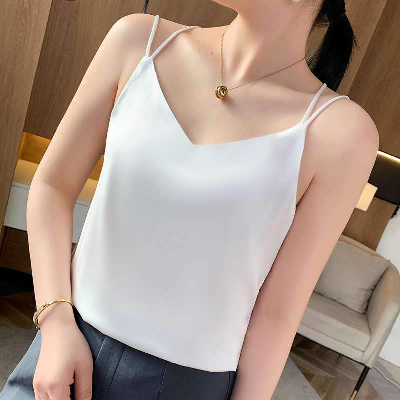 Cross-Border 2025 Summer New Solid Color Double Shoulder Strap V-Neck Inner Wear Backless Ice Silk Camisole Women's Sexy Outerwear