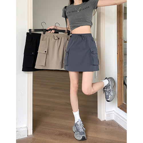 Elastic waist drawstring work skirt for women's summer 2025 new style spicy and cool high-waist design niche A-line skirt