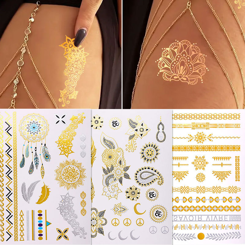 Zhengxiang Cross-border Bronzing Tattoo Sticker Waterproof European and American Retro Metal Temporary Tattoo Hot Silver Tattoo Sticker
