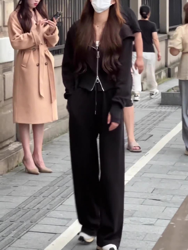休闲风运动套装女春秋新款时尚连帽卫衣外套高腰抽绳阔腿裤两件套|undefined