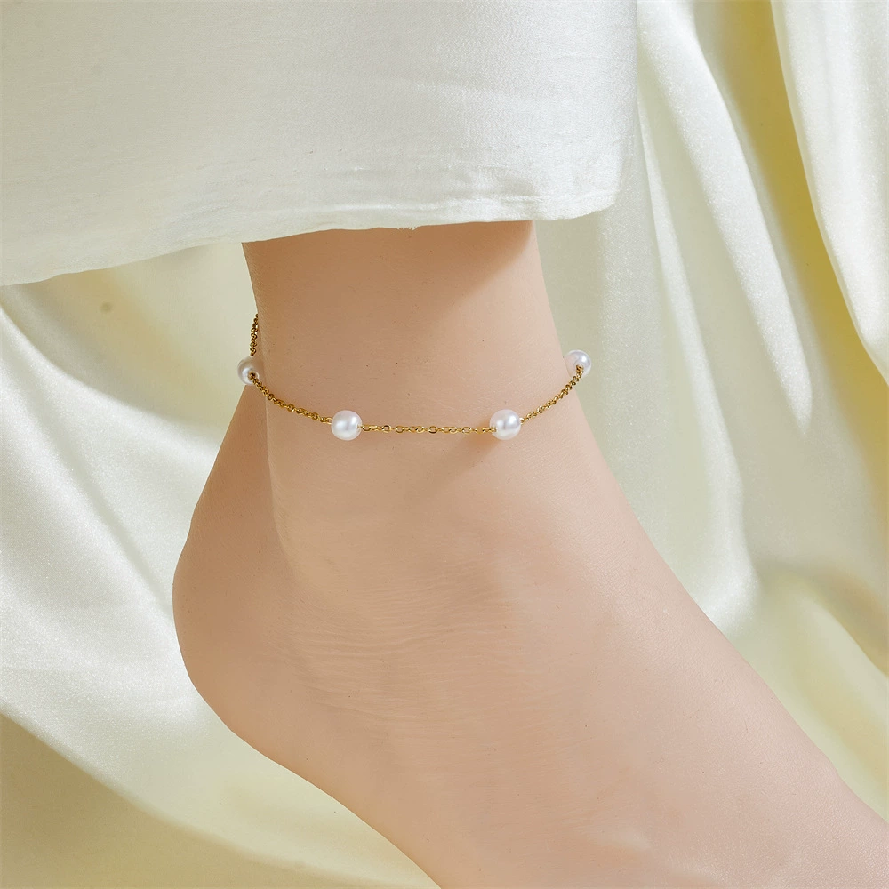 Ankle bracelet, chain, golden fashionable sexy accessory stainless steel, simple and elegant design, light luxury style, internet celebrity, 750 sample gold