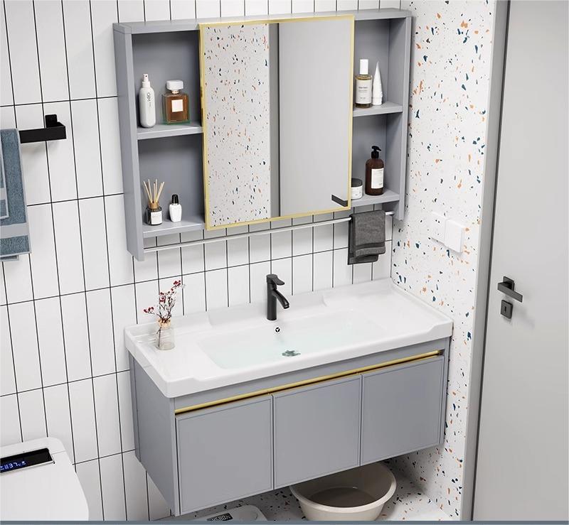 Combinación de gabinete de baño de aleación de aluminio de espacio lavabo de baño lavabo de cerámica lavabo integrado lavabo