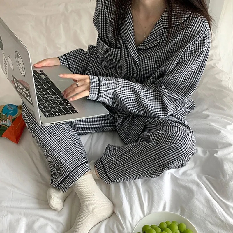 春秋季甜美网红直播ins黑格蝴蝶结睡衣女长袖团购仿棉家居服供应