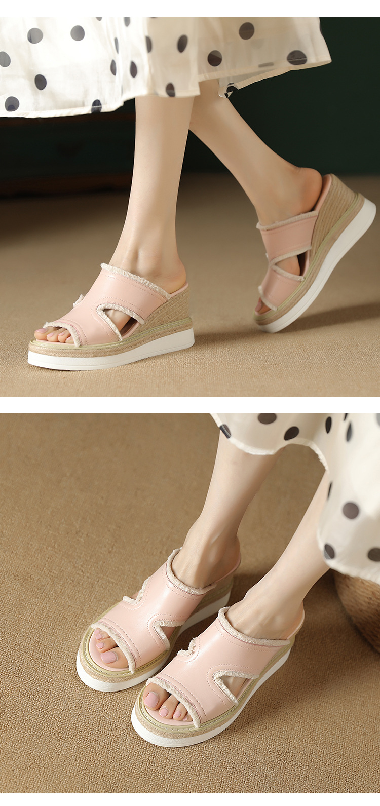Dép sandal nữ quai ngang đế cao bện rơm mũi hở gót 9 cm — màu be, màu hồng nhạt chi tiết 7