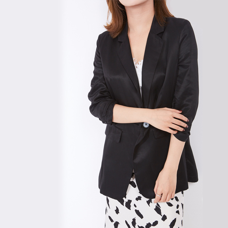 2023 Slimming Versatile Jacket for Women, Intellectual Style, Elegant Suit, Solid Color, Commuter Pleated Elastic Sleeve Small Suit, Silk