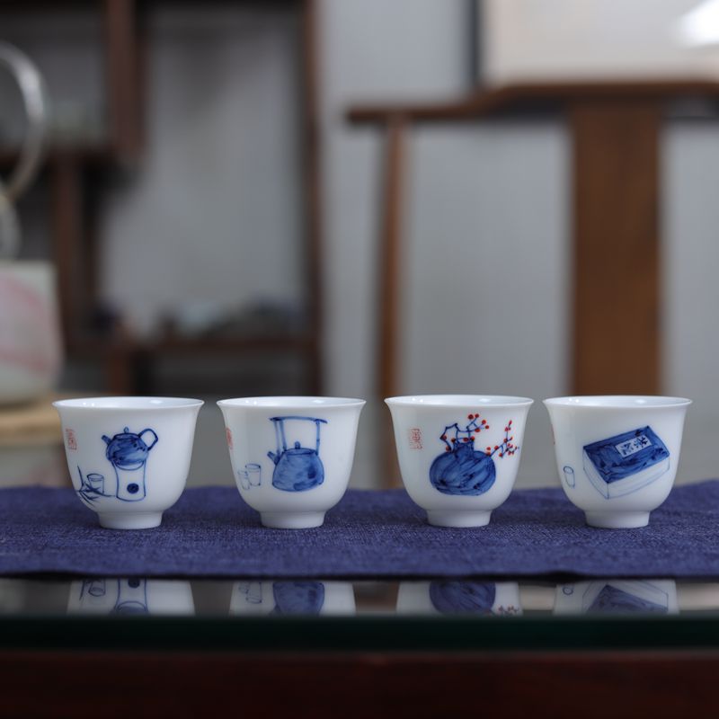 세라믹 차 세트 Unglaze 파란색과 흰색 도자기 순수 손으로 그린 그림 쿵푸 티 컵 벨 컵 시음 컵 작은 컵 티 볼